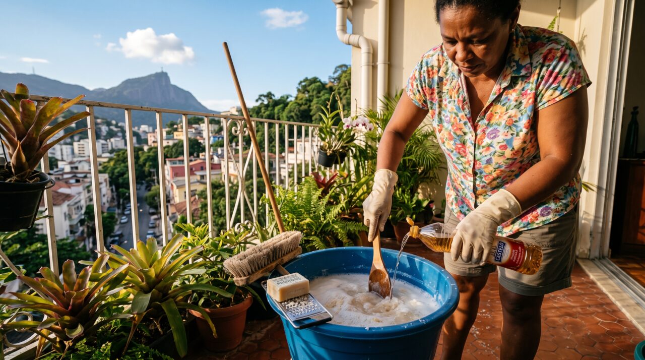Limpeza de varanda com sabão de coco e vinagre de maçã