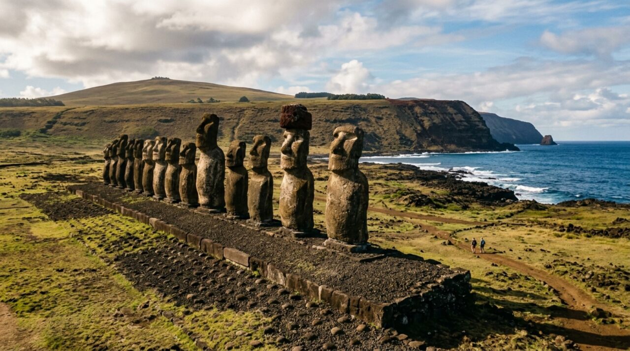 Em uma ilha remota do Pacífico foram erguidas centenas de estátuas gigantes de pedra, algumas pesando dezenas de toneladas, e muitas delas foram transportadas quilômetros sem rodas, animais de carga ou máquinas modernas