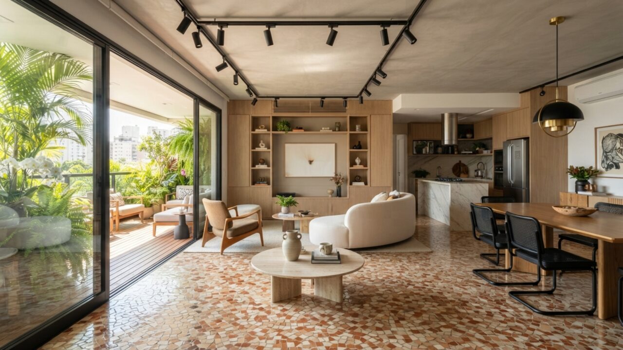 O piso de caquinhos que era febre nas casas de vó voltou com tudo, mas agora como detalhe de luxo em áreas gourmet