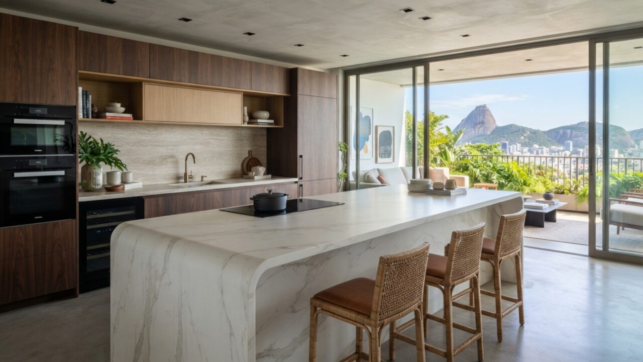 Por que as bancadas de porcelanato esculpido estão substituindo o granito e o mármore em 2026