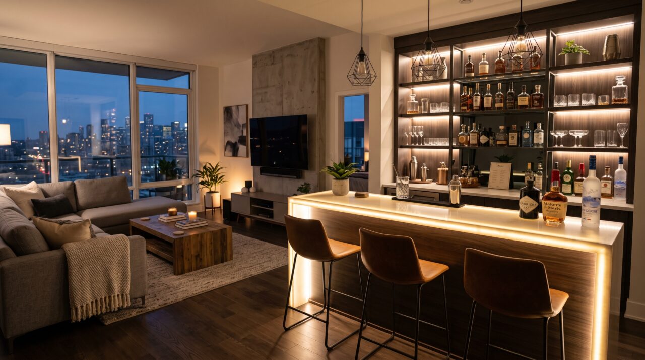 Custo para montar um home bar iluminado na sala