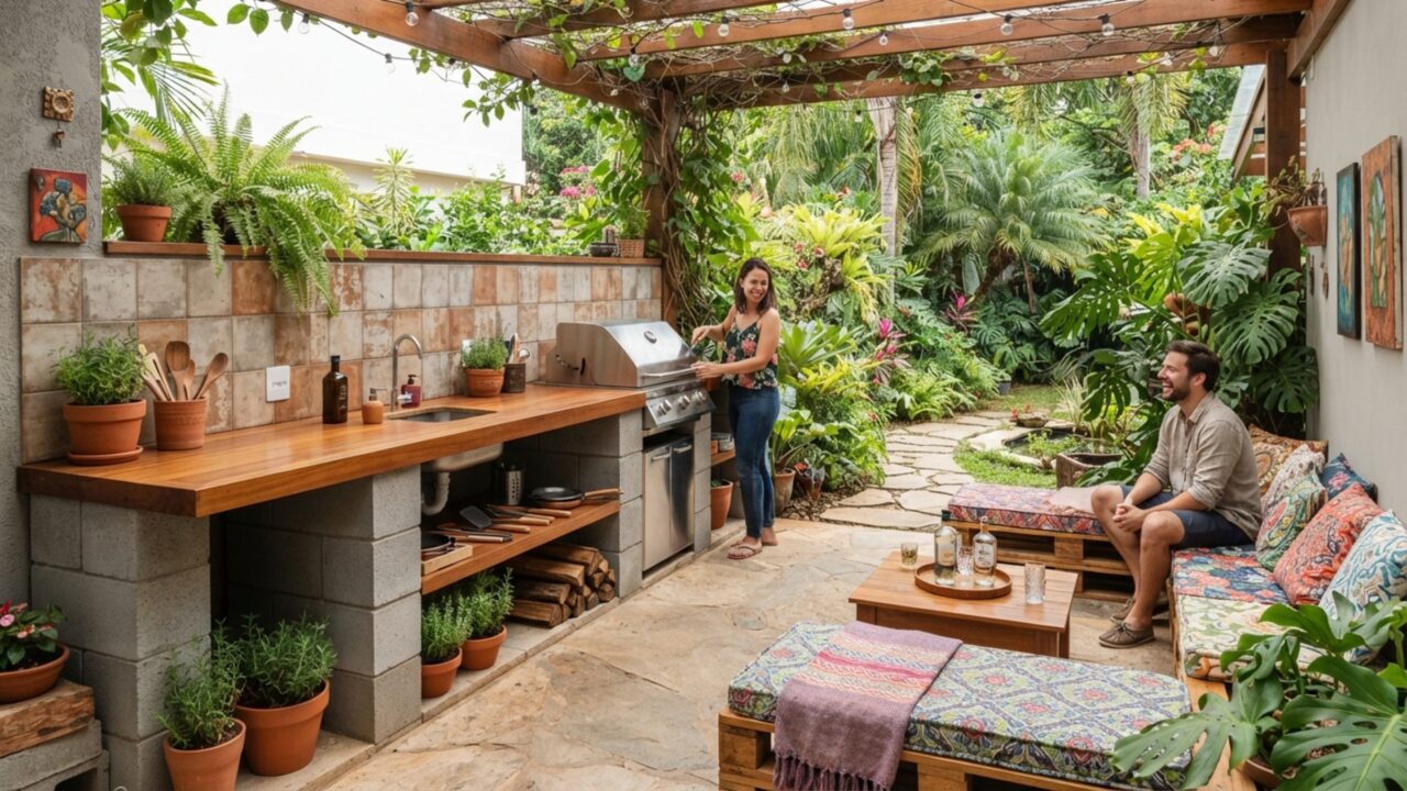 Dona de casa transforma quintal de terra em área gourmet de revista gastando apenas R$ 3.500 com pallets e blocos de concreto estrutural