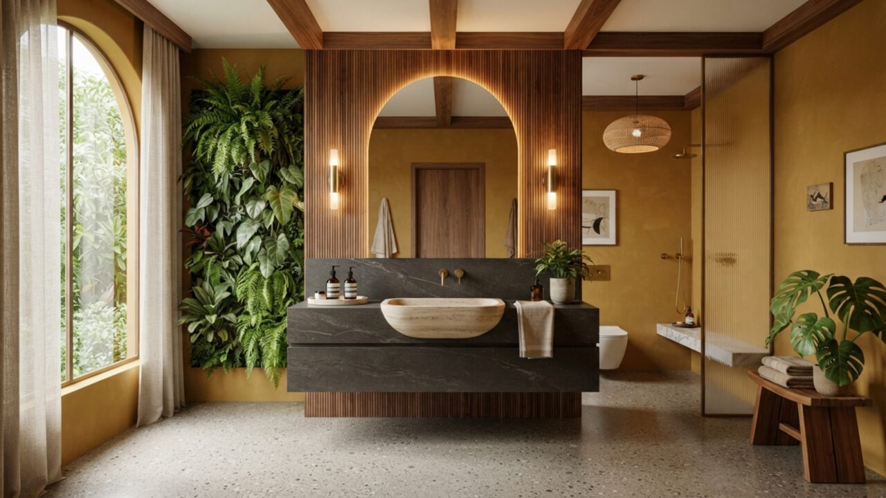 Adeus, banheiros totalmente brancos e frios: como as cores quentes, terrosas e texturas naturais estão transformando os lavabos