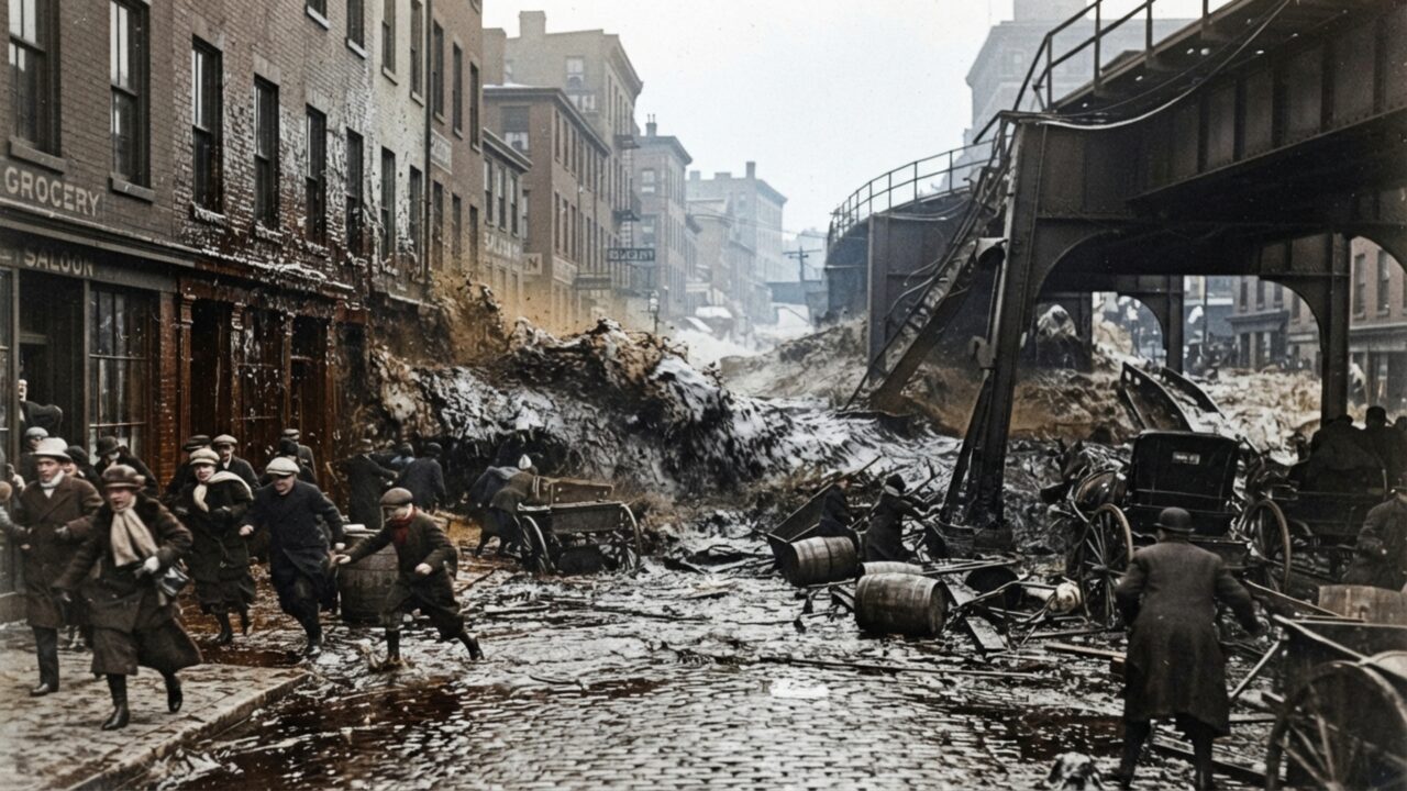 Uma onda de melaço tomou ruas de Boston em 1919 depois que um tanque com 2,3 milhões de galões se rompeu, avançando a cerca de 56 km/h e deixando 21 mortos e 150 feridos