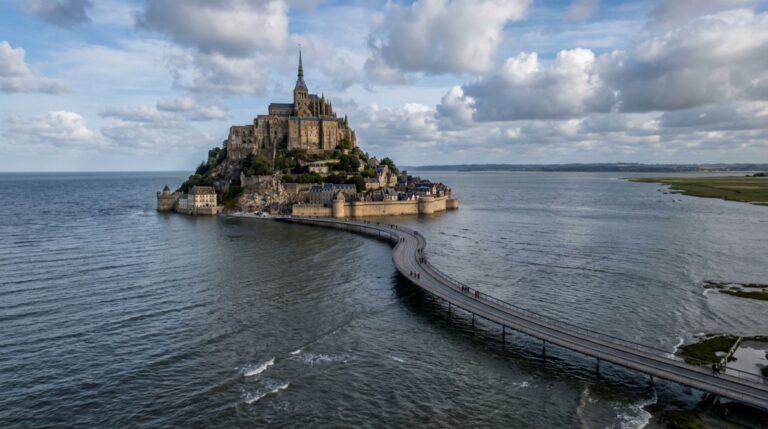 O Mont-Saint-Michel volta a assumir seu caráter de ilha durante grandes marés graças à passagem elevada que permite a circulação da água ao redor do rochedo