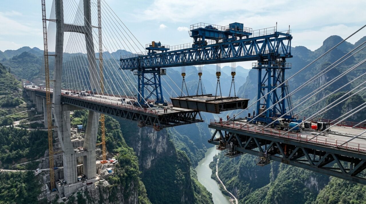 A construção da Ponte Duge avançou por segmentos sobre o vazio do cânion, exigindo içamento, controle geométrico e instalação progressiva dos estais
