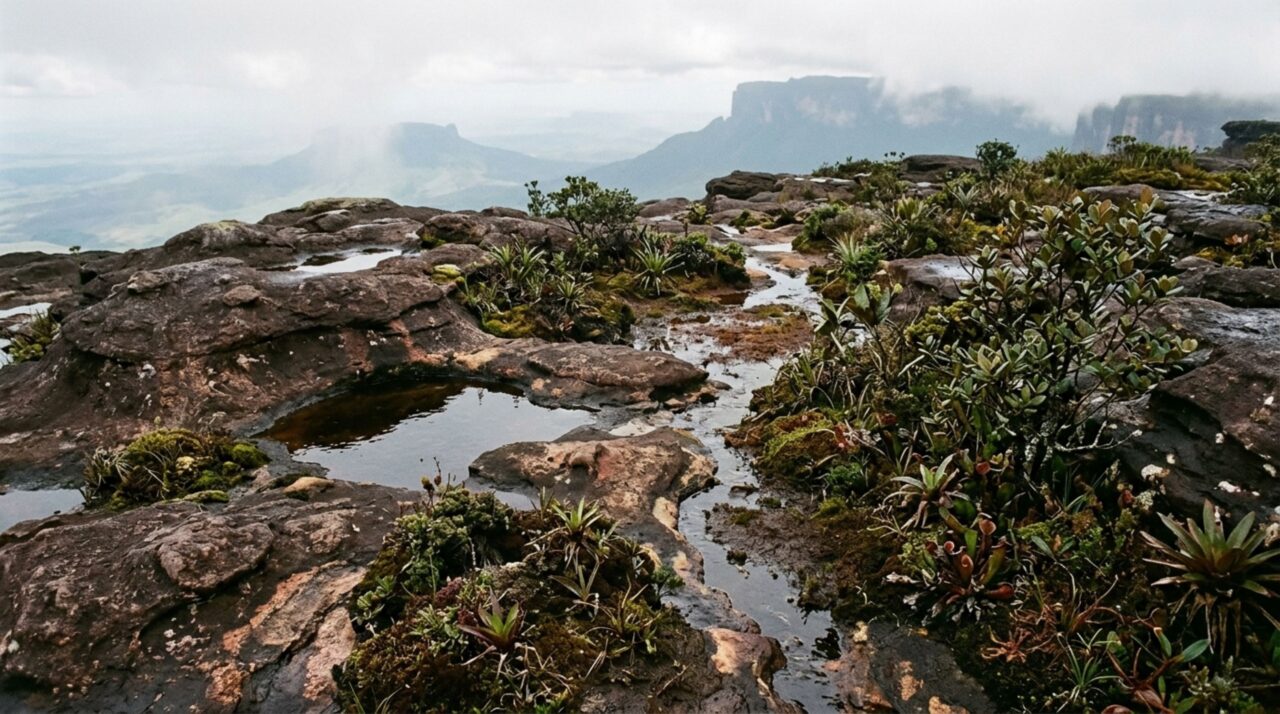 O topo do Monte Roraima combina isolamento, chuva intensa, solos pobres e altitude elevada, criando condições muito diferentes das áreas situadas abaixo