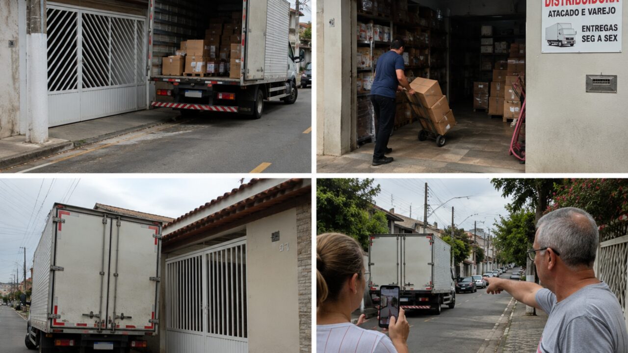 Morador abre pequena distribuidora dentro da garagem e caminhões de entrega passam a bloquear portões das casas próximas