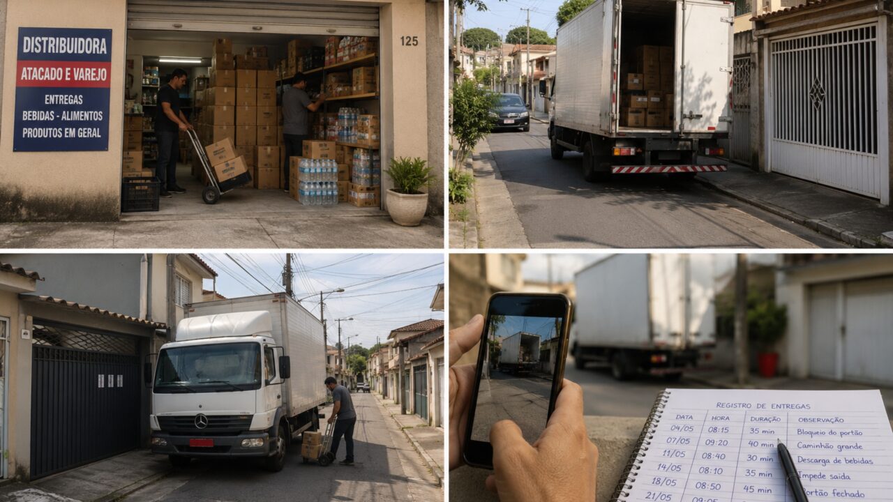 Morador abre pequena distribuidora dentro da garagem e caminhões de entrega passam a bloquear portões das casas próximas