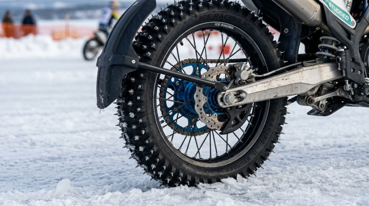 Detalhe dos pinos metálicos no pneu de motocicleta para fixação e tração no gelo