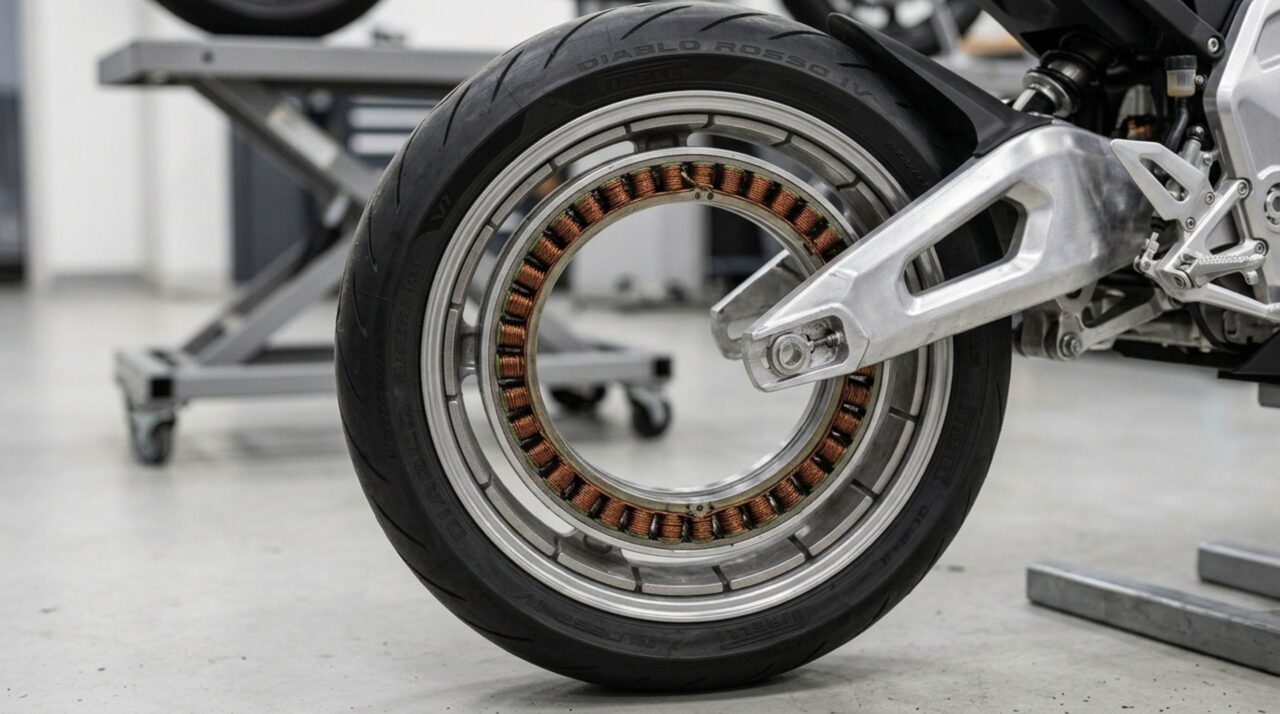 O Donut Motor da Verge TS Pro gera torque diretamente no aro enquanto o centro da roda permanece visualmente aberto