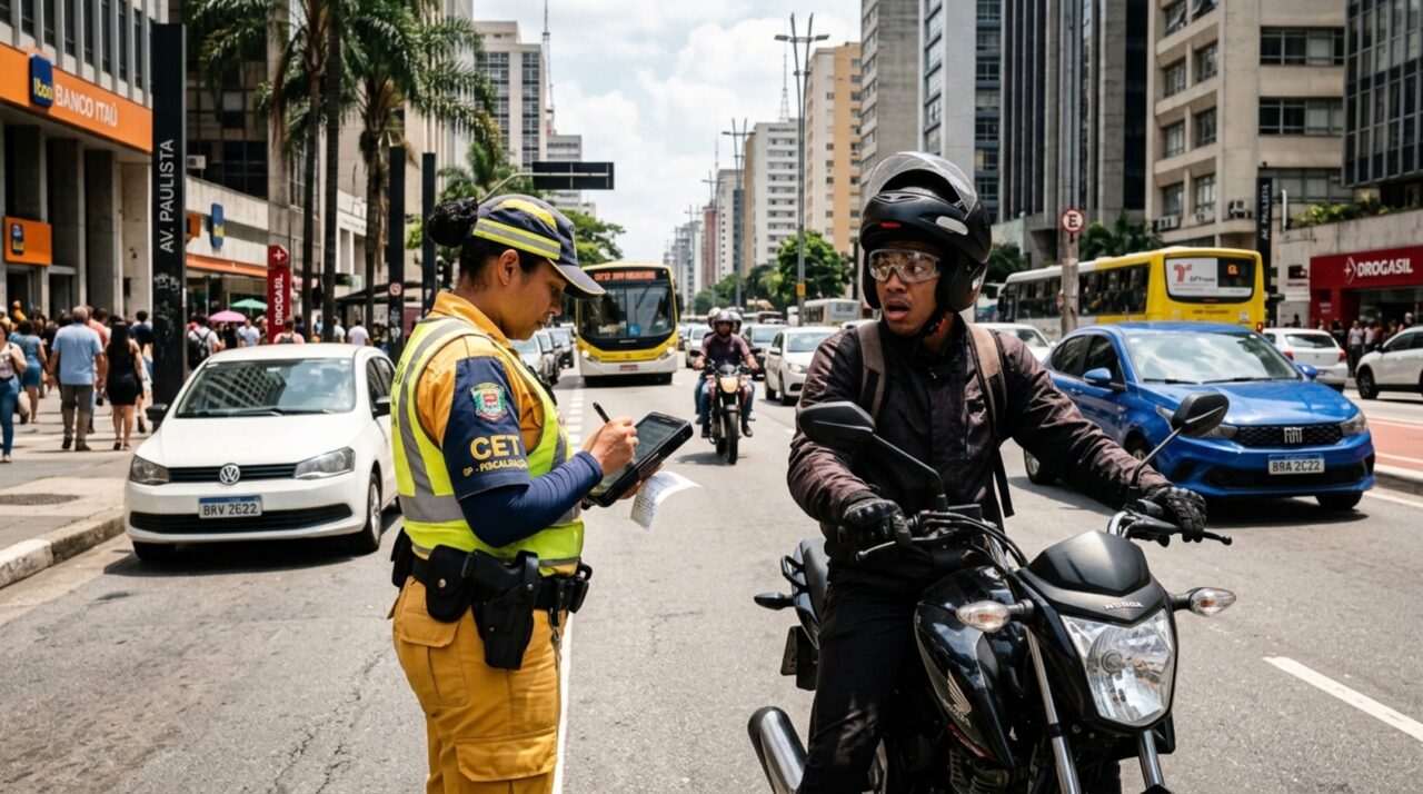 Motociclista dirige com viseira levantada no calor e é multado por item de segurança em desacordo com o Contran, mesmo usando óculos de proteção