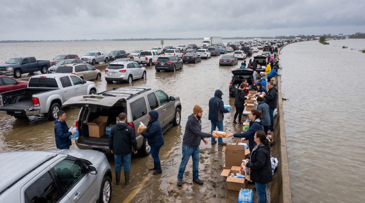 Durante um congestionamento causado por uma enchente, motorista abre o porta-malas para distribuir garrafas de água e vê outros carros começarem a fazer o mesmo até formar uma pequena fila improvisada no acostamento
