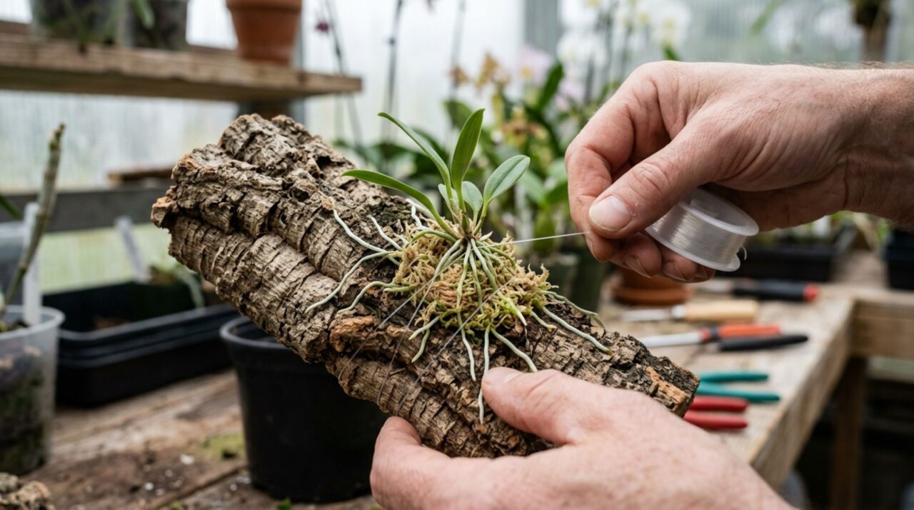 Fixação de micro-orquídea Pleurothallis em suporte de madeira