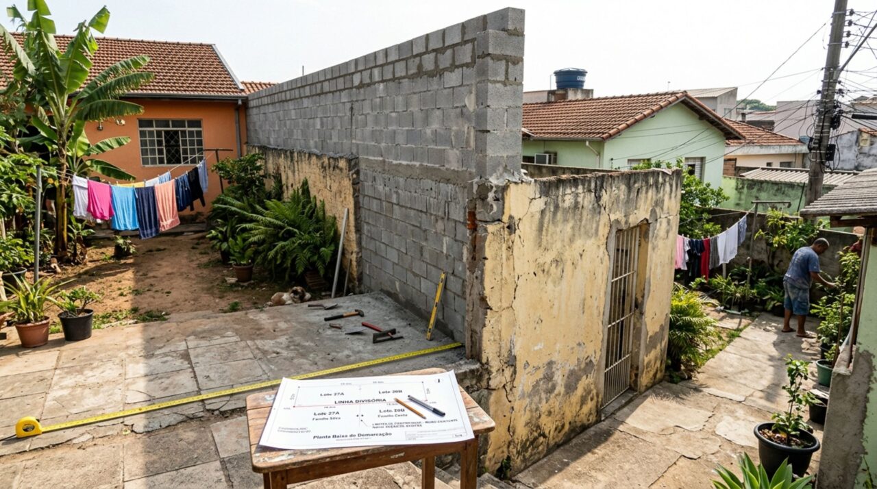 Família viaja por alguns dias e, ao voltar, descobre que vizinho aumentou a altura do muro compartilhado sem avisar, moradores questionam se alteração pode permanecer