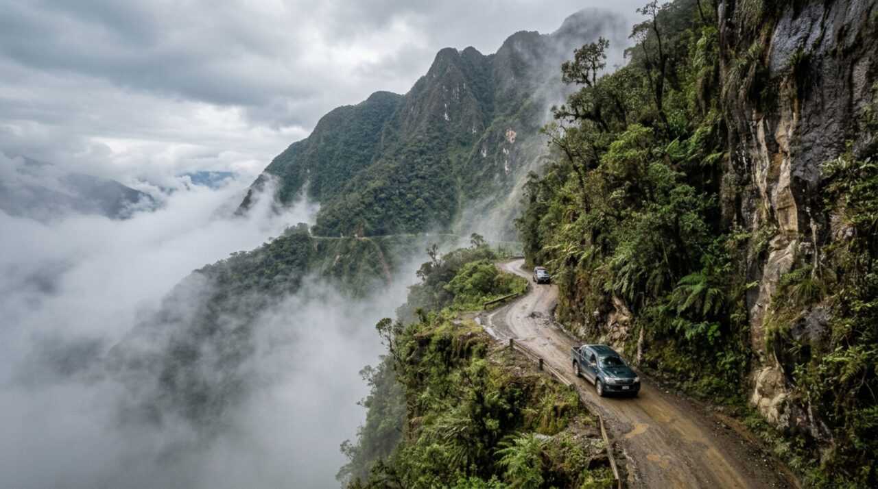 A estrada boliviana de apenas 3 metros de largura, aberta a 4,6 mil metros de altitude e cercada por abismos de 600 metros que matavam centenas antes do desvio moderno