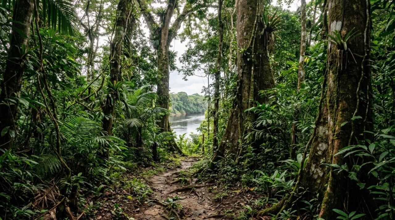 Trilha fechada e vegetação densa no percurso ao longo do Rio Amazonas