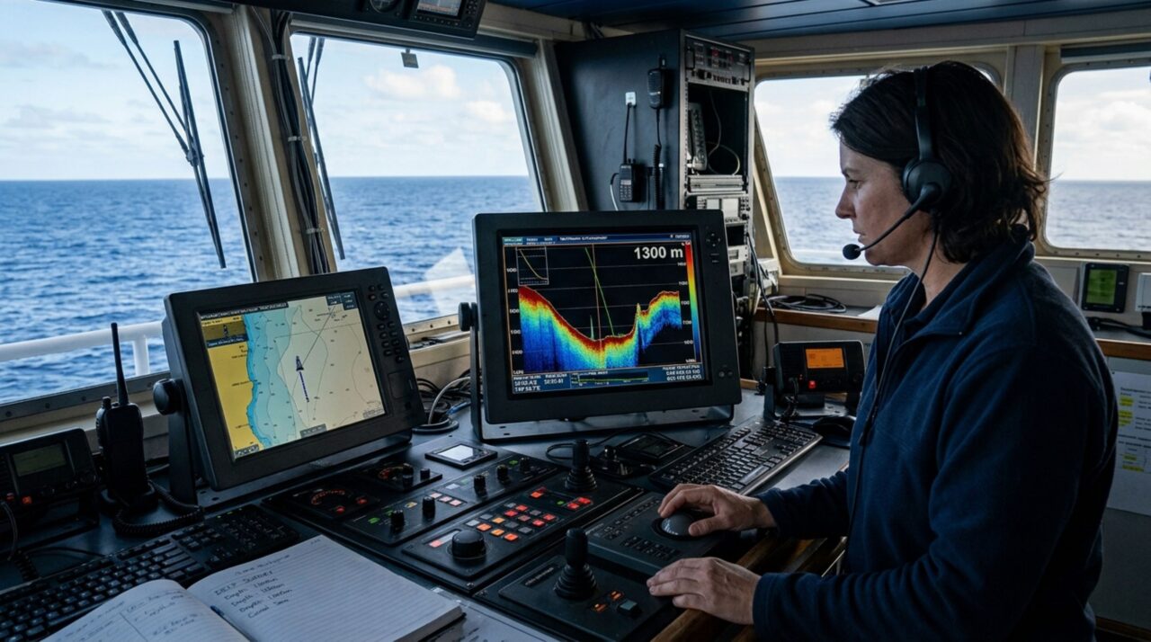 Os instrumentos do navio Southern Surveyor medindo a profundidade no Mar de Coral
