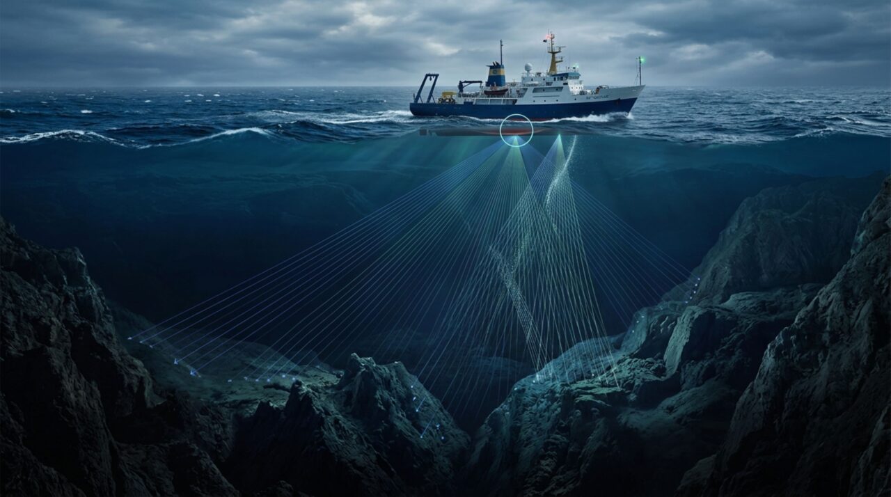 Sonares multifeixe instalados em navios permitem medir grandes áreas do fundo oceânico e construir mapas detalhados até mesmo em regiões extremamente profundas