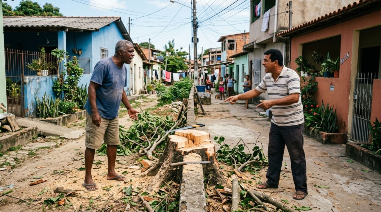Família passa feriado fora, ao voltar, descobre que vizinho cortou árvore que marcava a divisa dos terrenos sem comunicar e exige reparação de danos