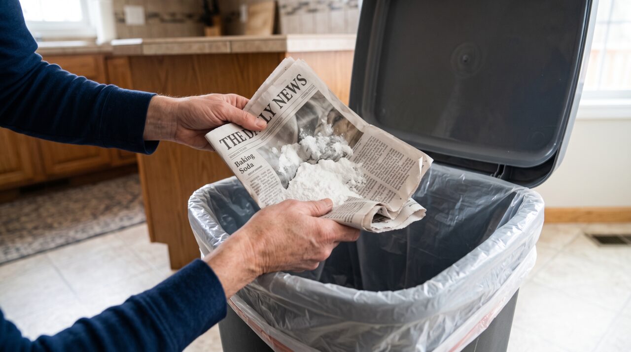 Truque de jornal com bicarbonato no fundo da lixeira para tirar mau cheiro e umidade.