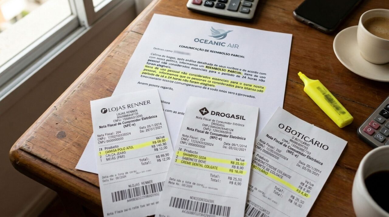 Passageiro despacha a mala, chega ao destino sem a bagagem e a companhia aérea nega o reembolso de parte dos gastos após analisar os comprovantes apresentados