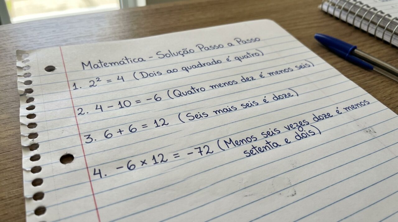 A conta (2² - 10) × (6 + 6) parece simples, mas um detalhe faz muita gente chegar ao resultado errado