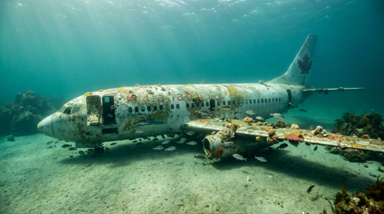 O Canadá colocou um Boeing 737 aposentado no fundo do mar próximo à Ilha de Vancouver; O jato de 30 metros agora está a quase 90 pés de profundidade como recife artificial para a vida marinha