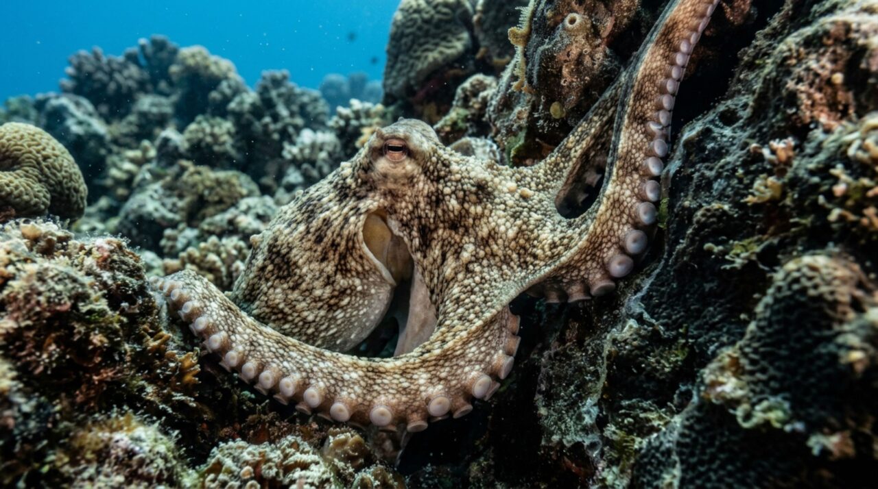 O polvo Octopus cyanea usando seus braços para explorar fendas inacessíveis no recife