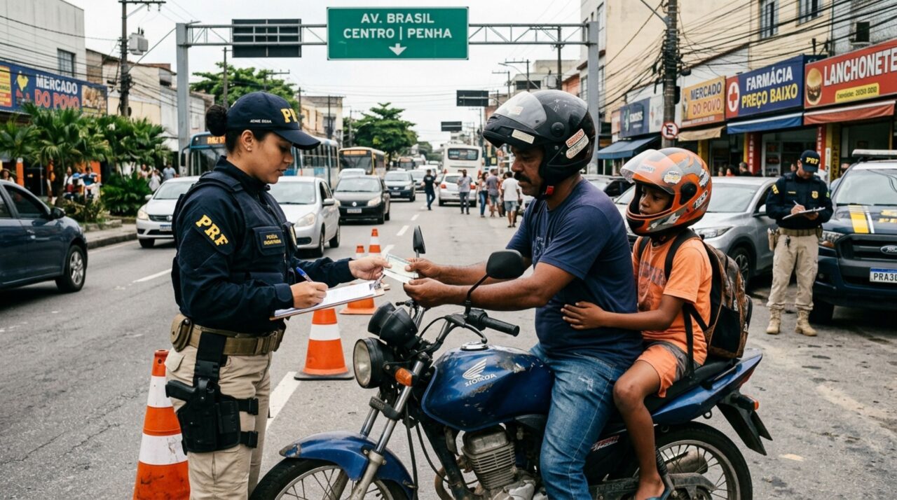 Motociclista é abordado levando filho na garupa, agente questiona a idade da criança e pai afirma que ela consegue se segurar perfeitamente, policial explica o limite que pode impedir a viagem