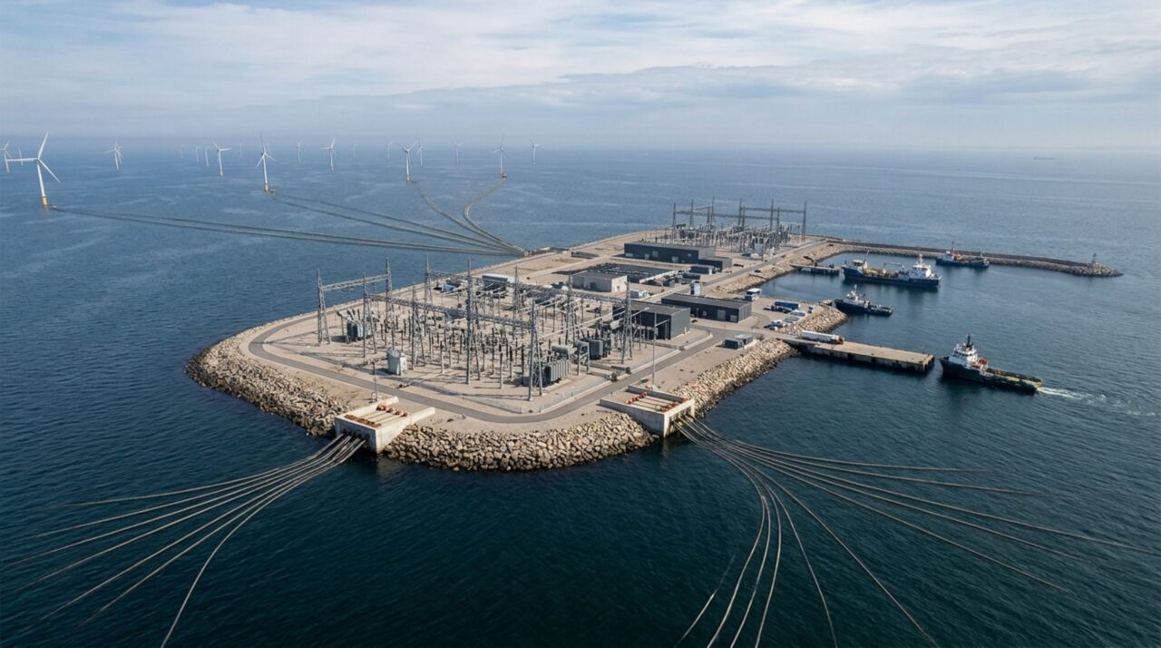A ilha de energia dinamarquesa reuniria eletricidade de parques eólicos offshore antes de distribuí-la por cabos submarinos para diferentes países