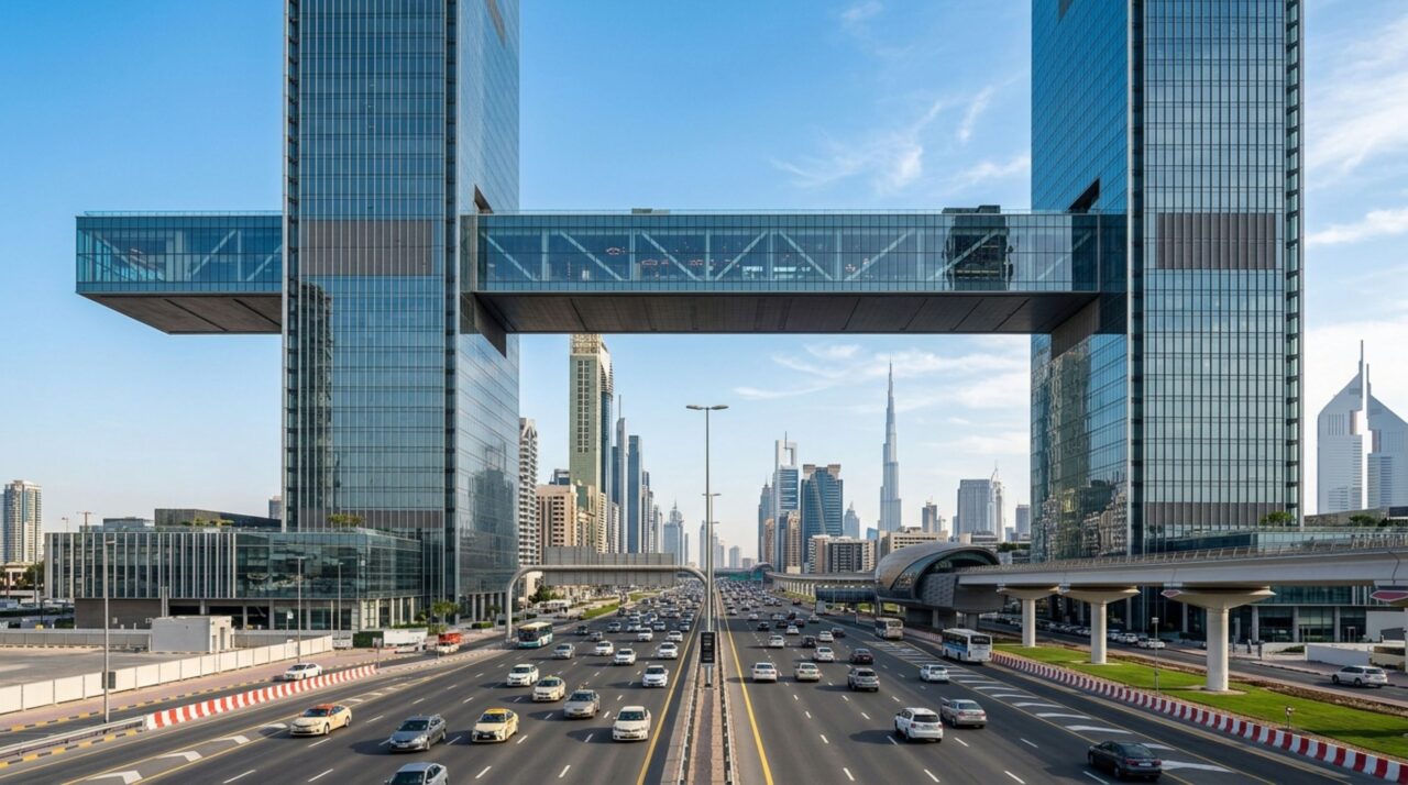 O arranha-céu futurista com uma estrutura de aço de 230 metros suspensa no ar entre duas torres sem nenhuma coluna embaixo