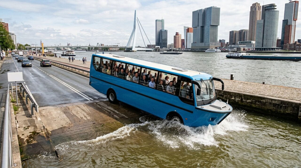 Construído para viajar tanto pelas ruas quanto diretamente pela água, este ônibus consegue abandonar o asfalto por uma rampa, transformar a própria carroceria em uma embarcação e continuar a viagem navegando com os passageiros dentro