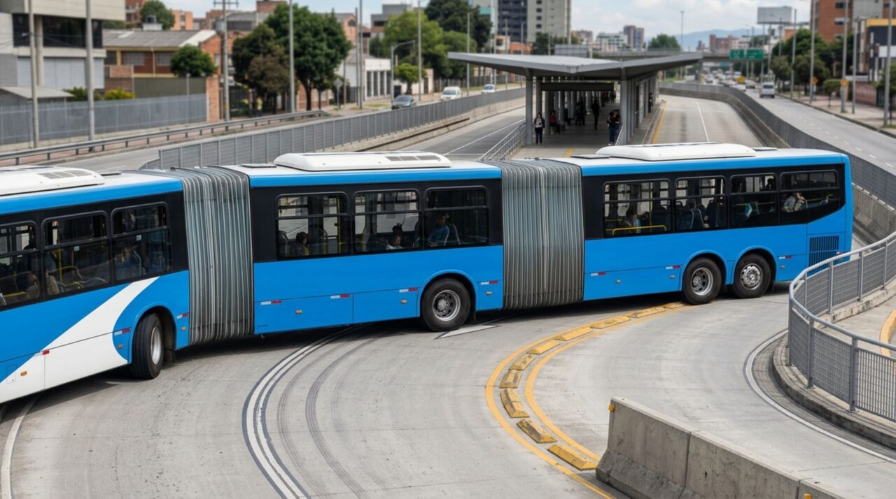 A imagem destaca como as duas articulações do ônibus biarticulado permitem que os três módulos acompanhem curvas sucessivas sem transformar o veículo em uma carroceria rígida de quase 30 metros