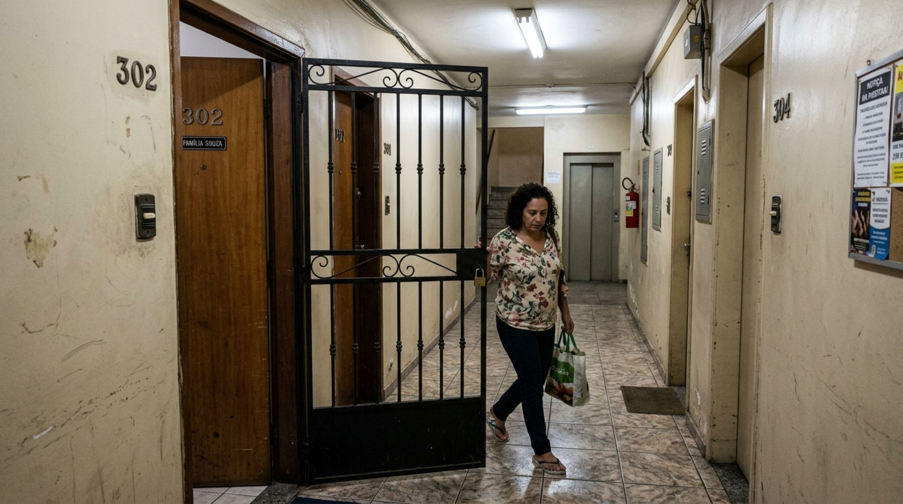 Família troca a porta do apartamento e instala grade de segurança avançando sobre o corredor, mas anos depois nova gestão confere as áreas comuns e exige que a estrutura seja reposicionada - QTU Questões do Universo