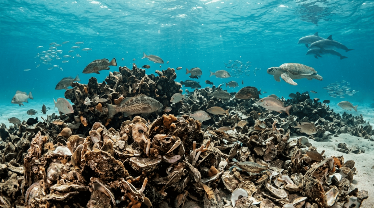 Os EUA jogaram 500.000 toneladas de conchas de ostra no oceano em 2007; quase duas décadas depois, elas criaram um habitat próspero para milhares de espécies marinhas