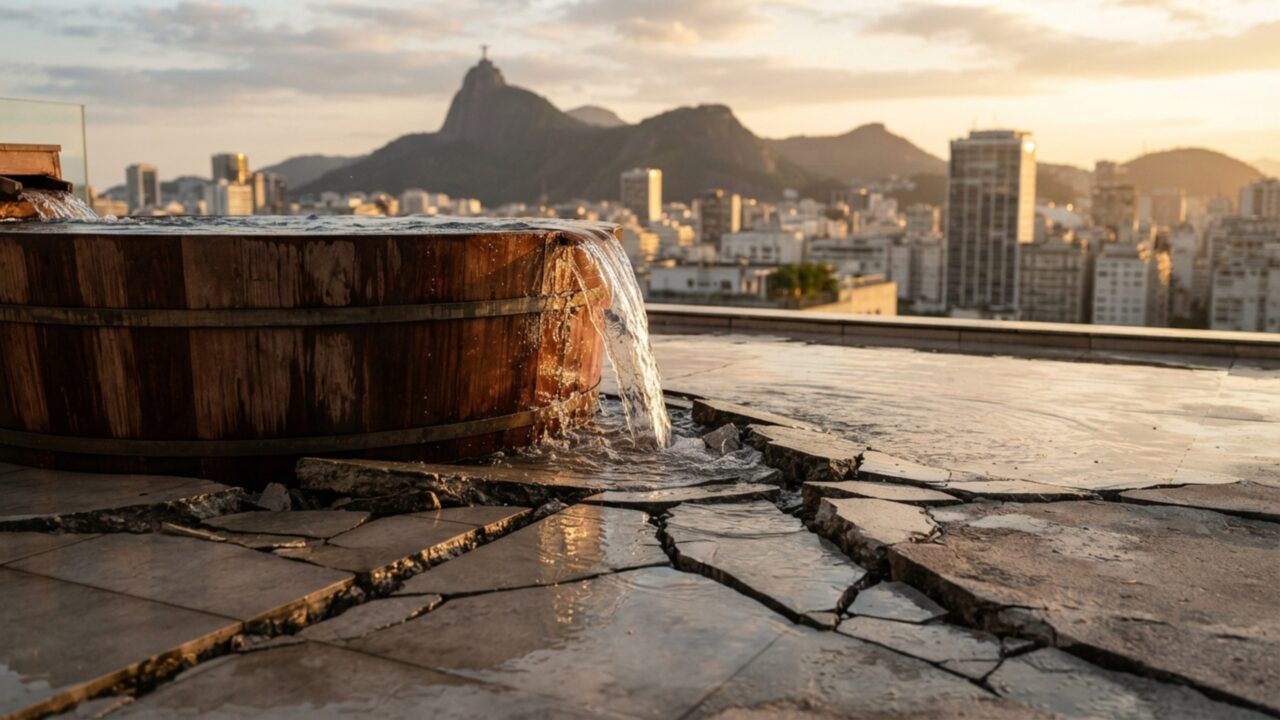 Dono de cobertura de luxo instala ofurô de 2 mil litros sem consultar engenheiro estrutural e laje cede, interditando os três últimos andares do edifício