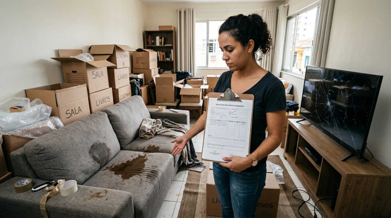 Proprietário aluga apartamento mobiliado por R$ 5.200, inquilino devolve sofá com mancha e TV com tela trincada, e laudo pericial mostra que danos causados por mudança não são de responsabilidade do locatário