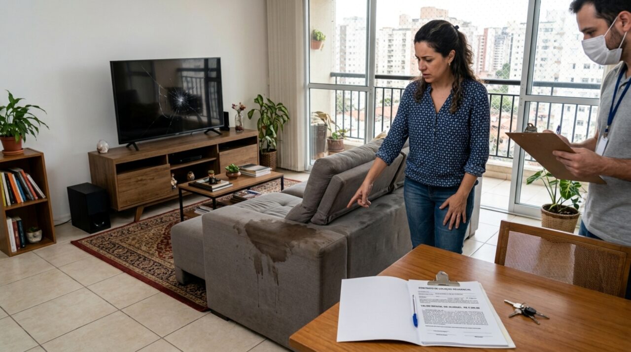 Proprietário aluga apartamento mobiliado por R$ 5.200, inquilino devolve sofá com mancha e TV com tela trincada, e laudo pericial mostra que danos causados por mudança não são de responsabilidade do locatário