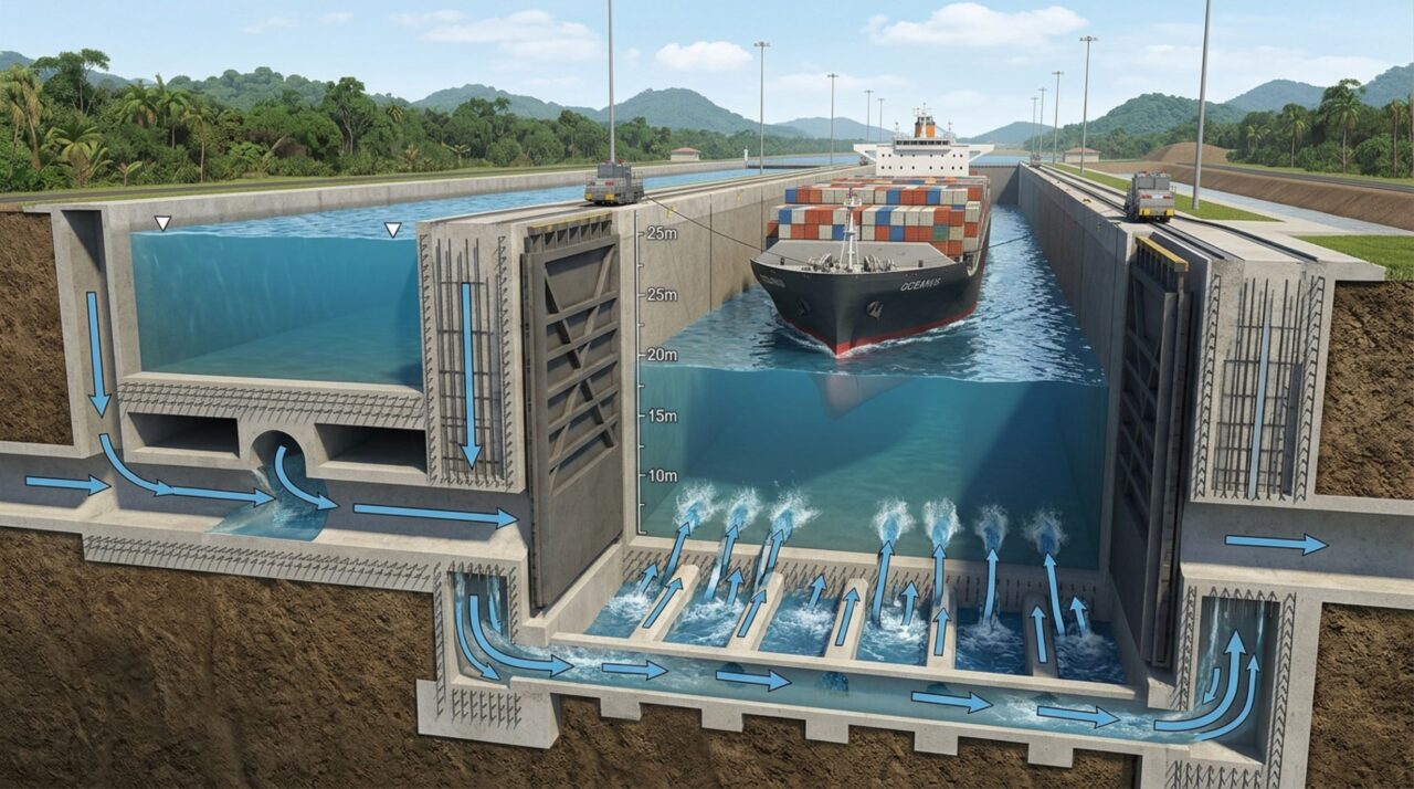 Nas eclusas originais do Canal do Panamá, a água circula por galerias internas e eleva o navio por gravidade sem necessidade de bombas