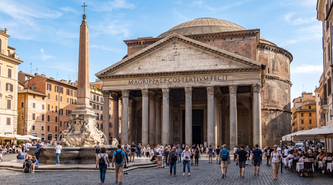 A arquitetura impressionante e o domo histórico do Panteão de Roma.