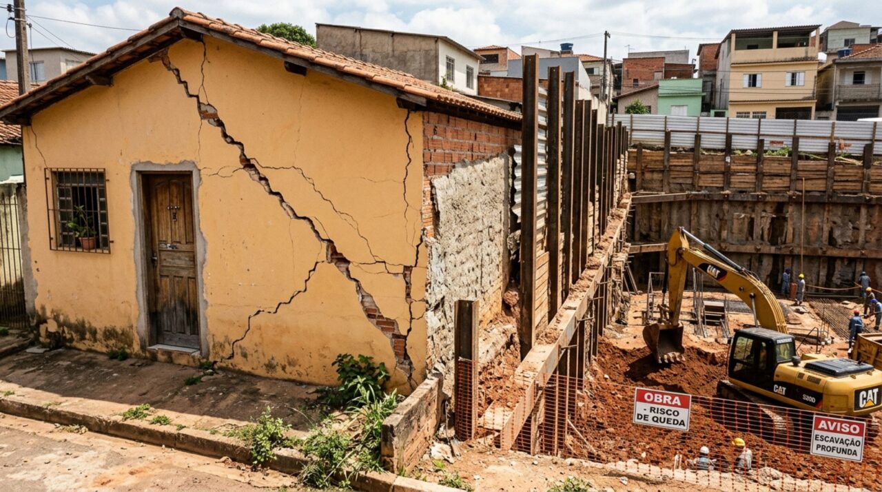 Morador passa uma semana fora, ao voltar, descobre rachaduras após vizinho escavar terreno ao lado para construir e exige que danos sejam reparados