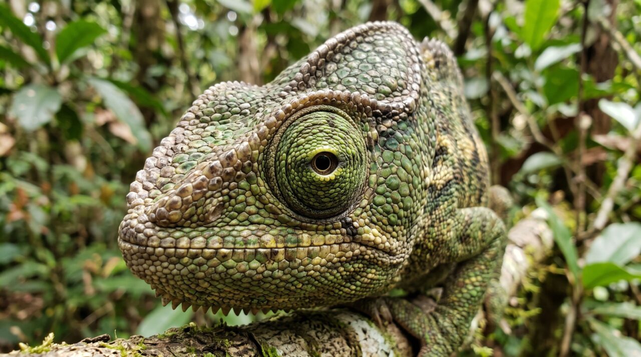 Olhos móveis e independentes permitem vigilância contínua do ambiente tropical