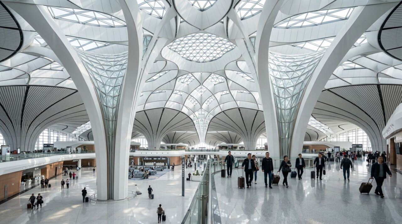 Grandes vãos estruturais e iluminação natural garantem amplitude e mobilidade dentro do megaterminal