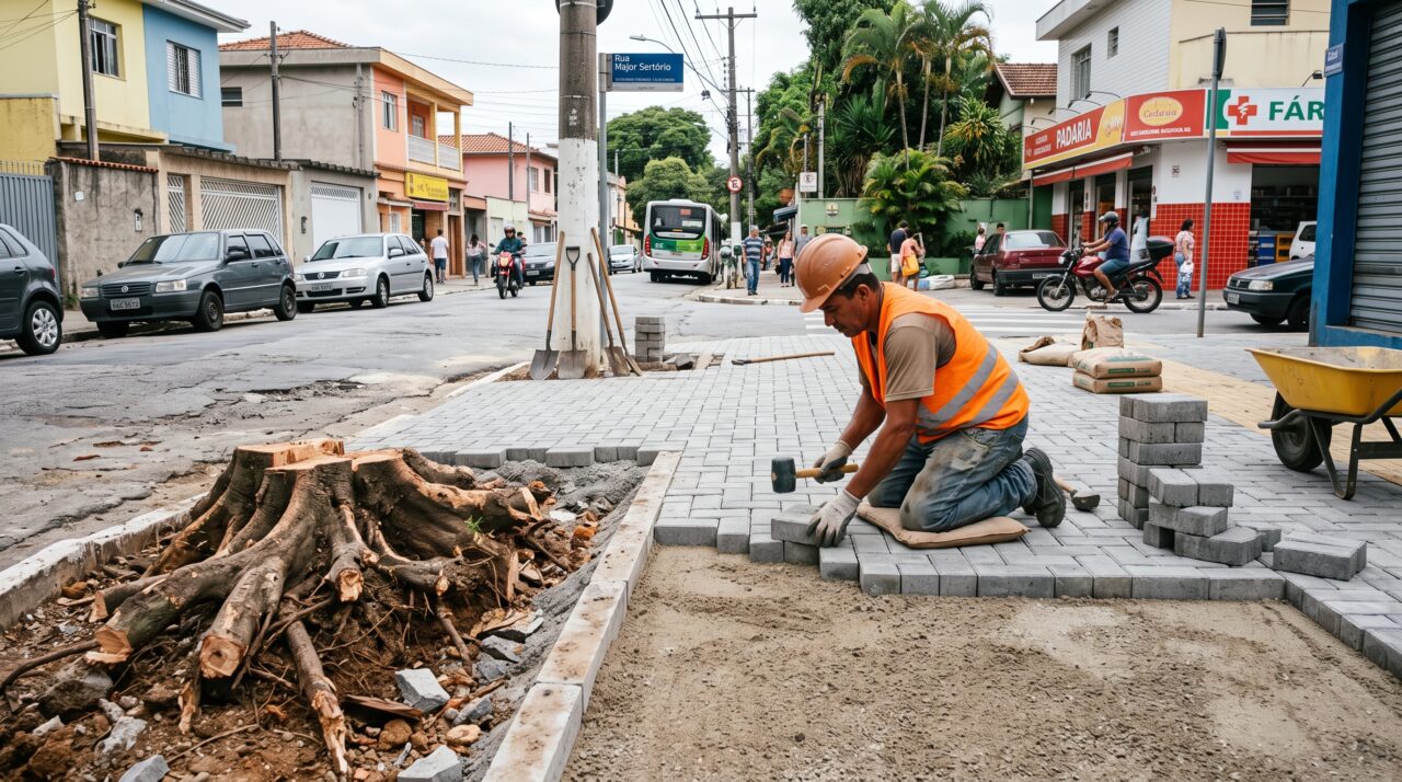 Custo e processo para refazer calçada quebrada por raiz de árvore e evitar multas.
