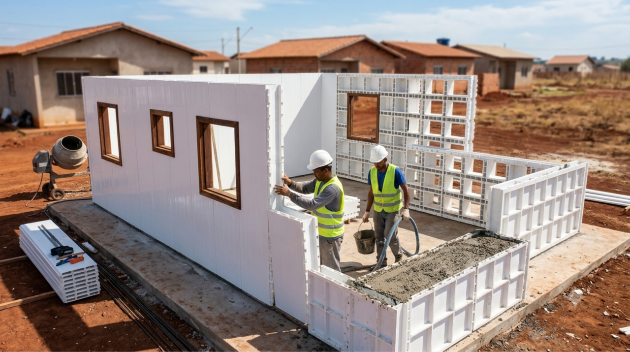 Pedreiros estão levantando casas sem reboco, sem pintura e sem revestimento através de encaixes de painéis de PVC que servem de fôrma e também como acabamento e uma casa popular fica pronta em 7 dias