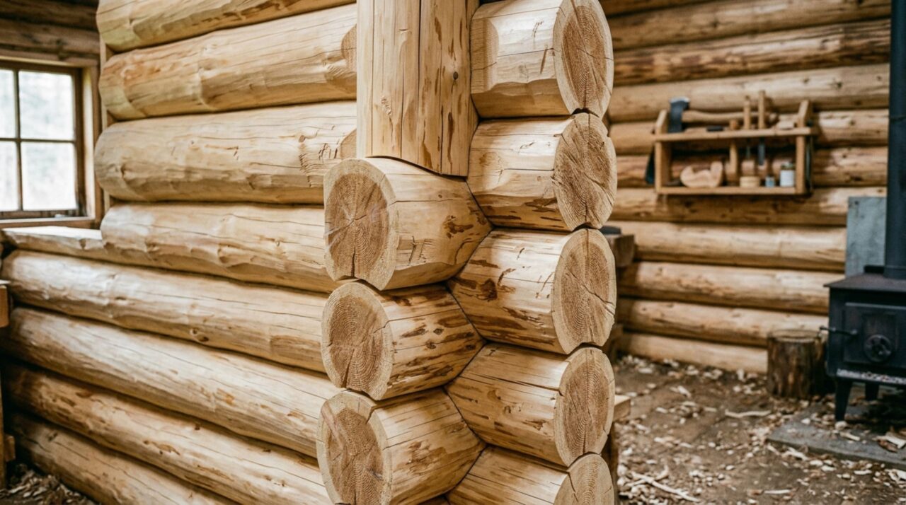 Detalhe dos encaixes manuais nos troncos de madeira da cabana