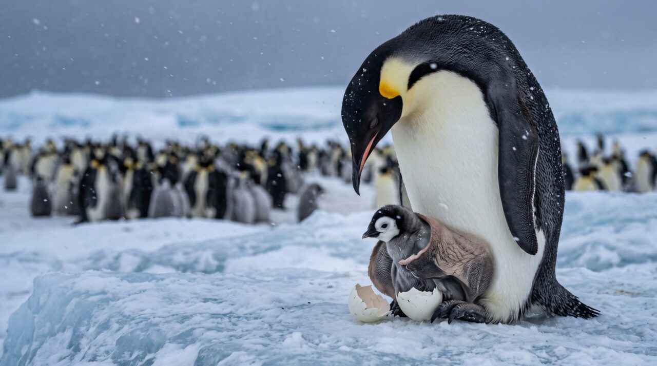 No inverno antártico, o pinguim-imperador macho equilibra um único ovo sobre os pés e passa 9 semanas em jejum, podendo perder 45% do peso antes de voltar ao mar