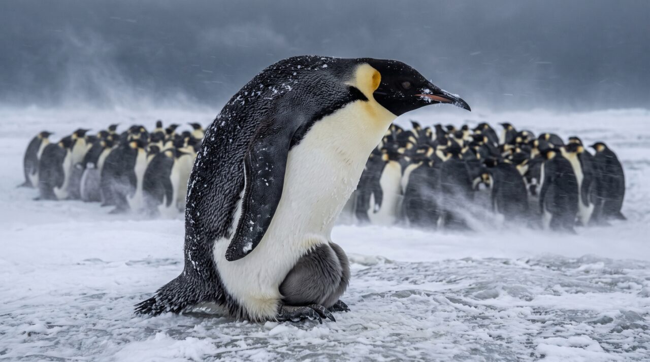 Pinguim-imperador macho passa cerca de 4 meses sem comer enquanto mantém o único ovo sobre os pés no inverno da Antártida, e a forma como ele enfrenta o frio depende de um comportamento coletivo pouco conhecido