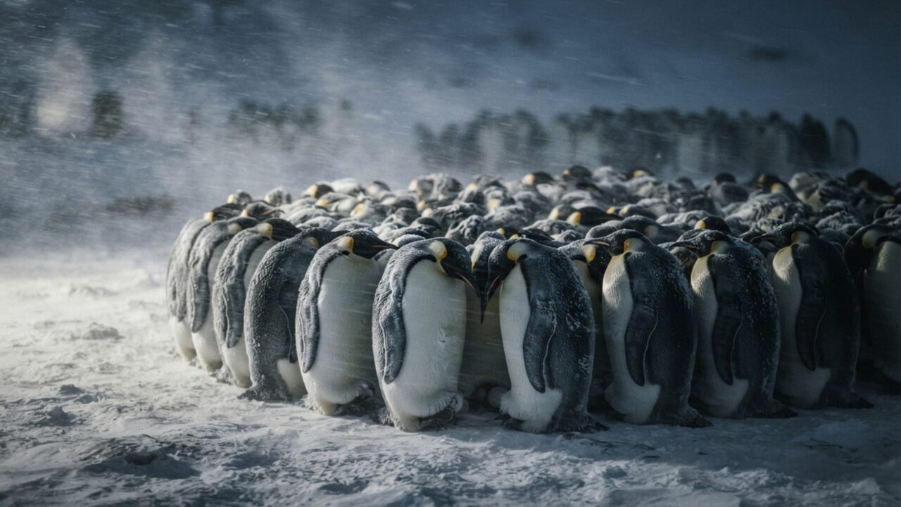 Até 10 pinguins-imperadores se apertam em um metro quadrado para reduzir pela metade a perda de calor